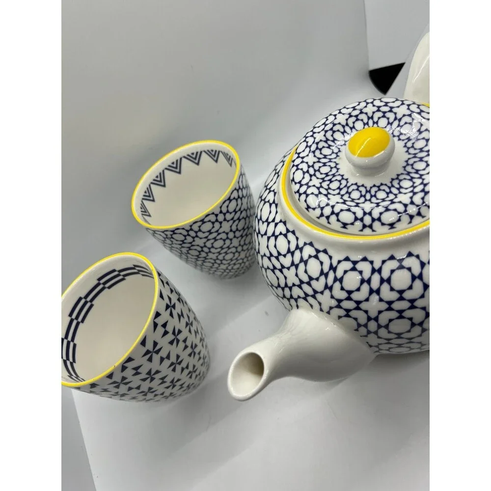 Tokyo Design Studio Nippon Blue Porcelain Teapot & 2 cups yellow white set japan
